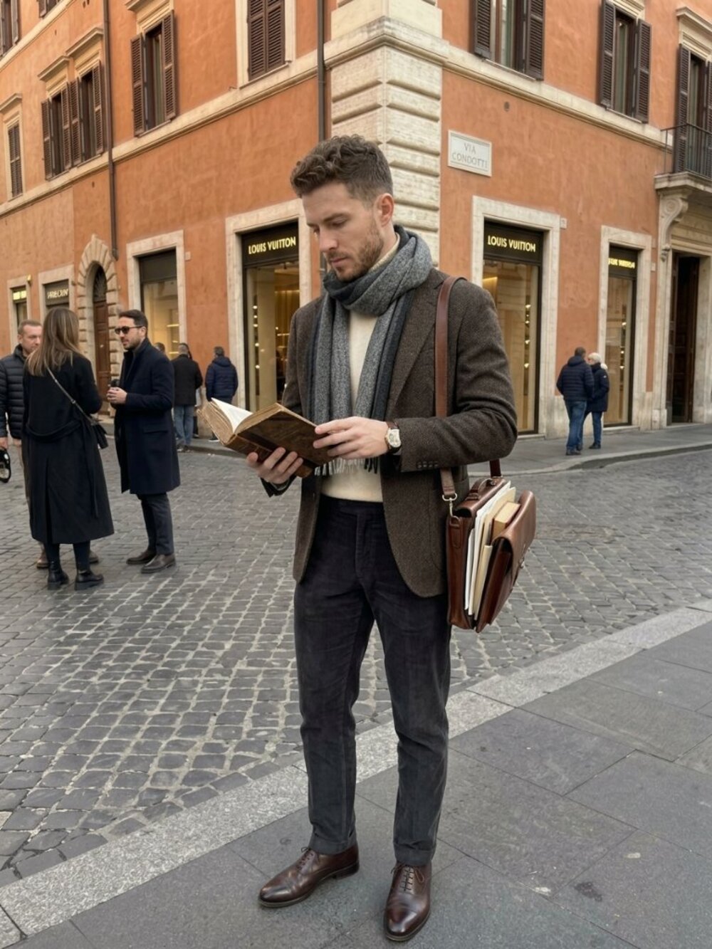 Via Condotti Roma Men’s Wool Tweed Gray Scarf with Fringes